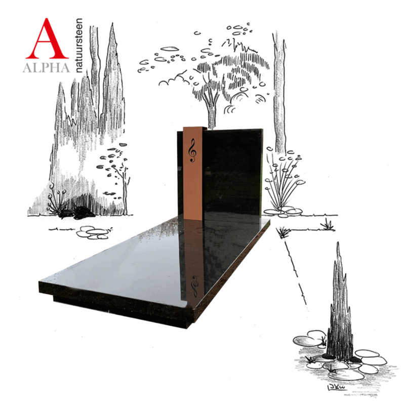 Zwart graniet compleet monument op plinten met gepoedercoat RVS