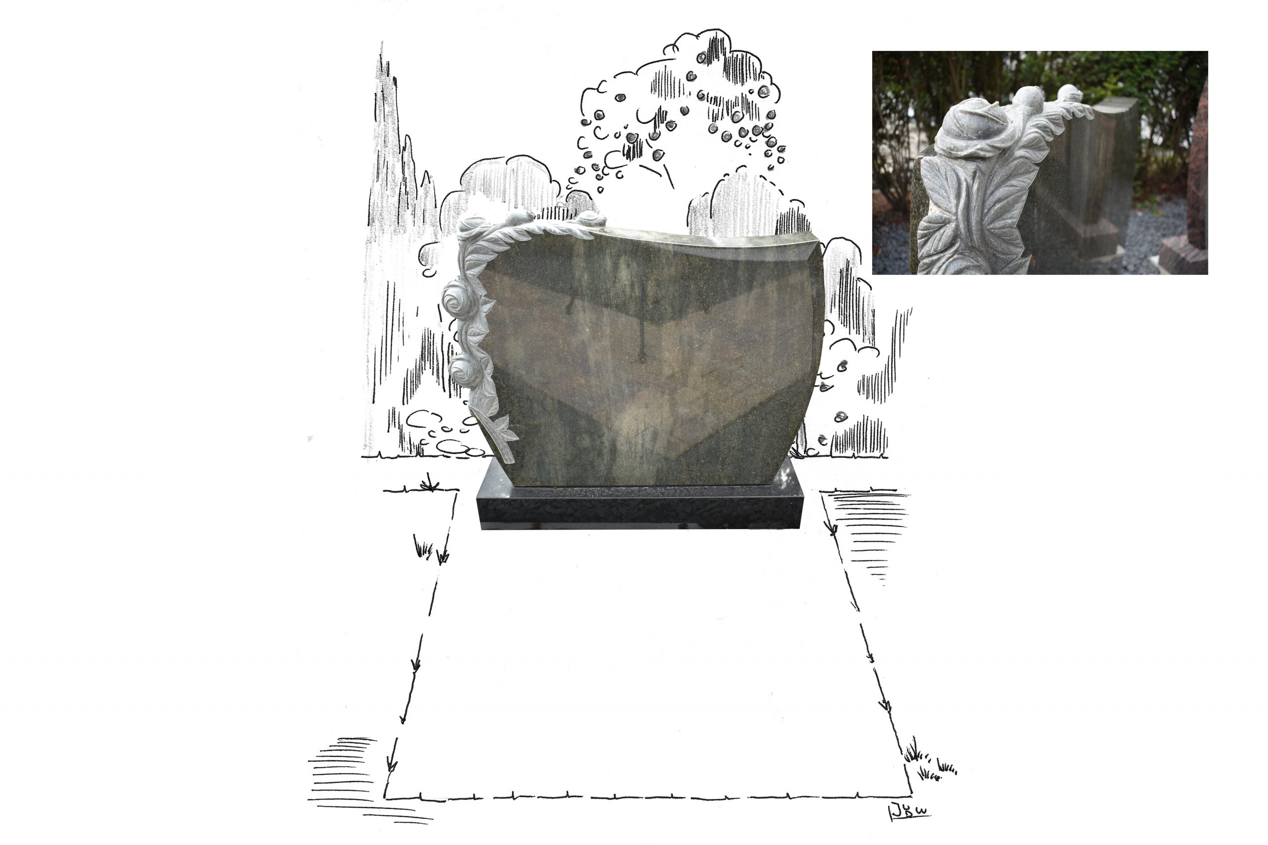 Emerald Green staand monument met gebeeldhouwde roos