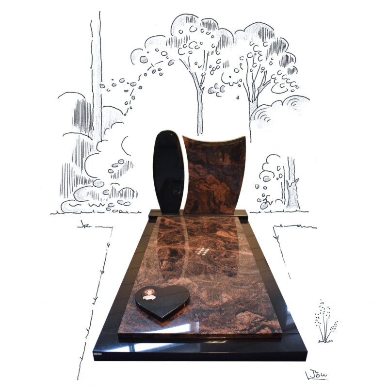 Zwart granieten omranding en zuil met Indian Aurora granieten afdekplaat en letterplaat