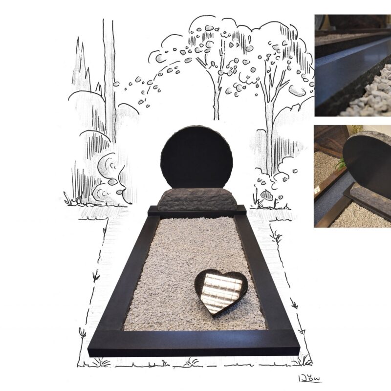 Gezoet zwart graniet met gejobte randen en voet letterplaat