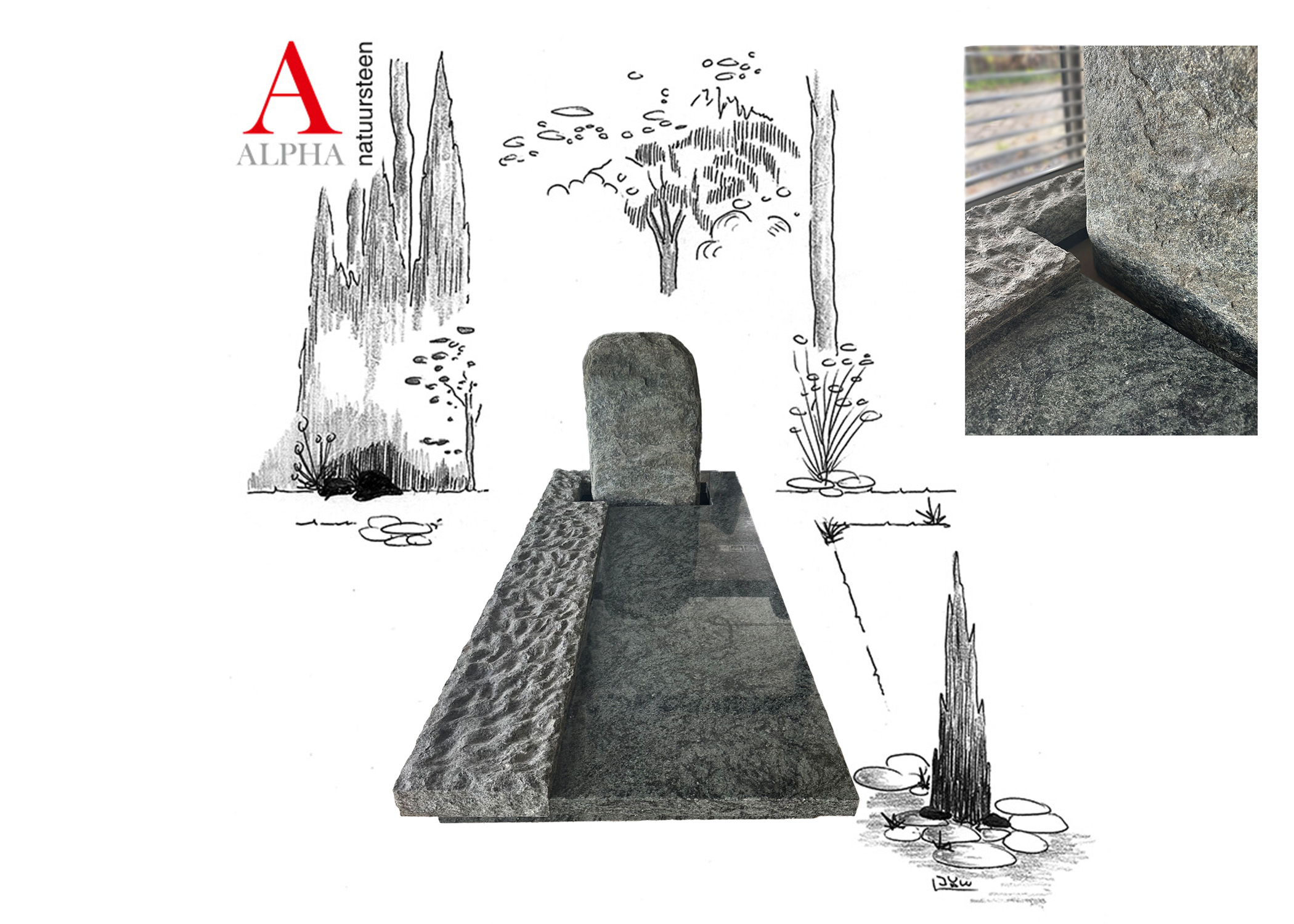 Olive Green graniet monument met ruwe strook en vak voor letterplaat